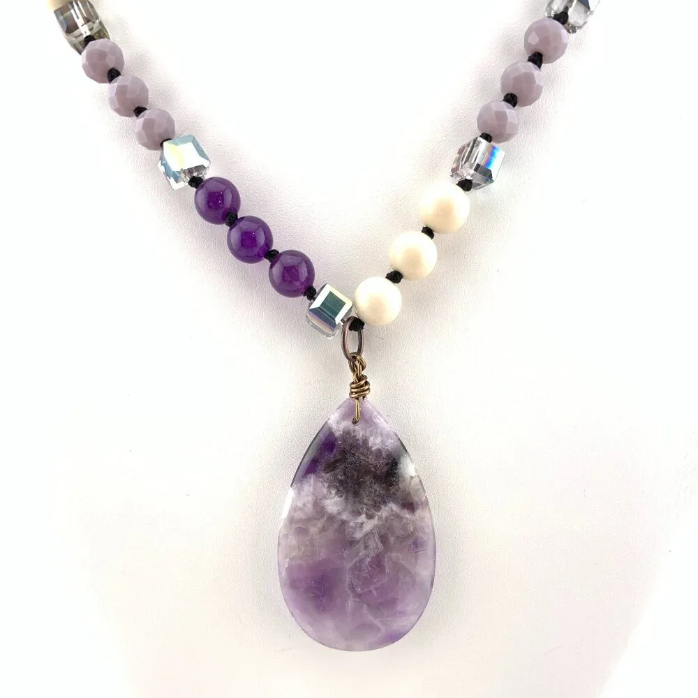 Amethyst Stone Teardrop Stone & Glass Beads Long Necklace Boho J890 - Picture 2 of 10